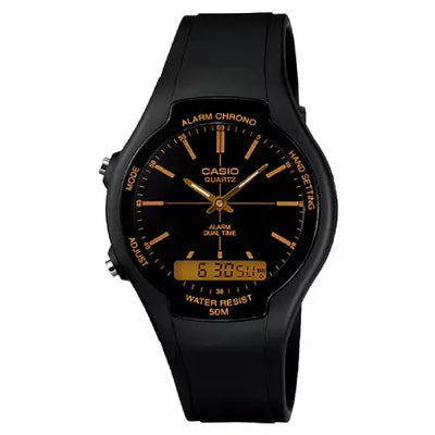 Casio Analog-Digital AW-90H-9EVDF Gold Dial Resin Strap Unisex Watch